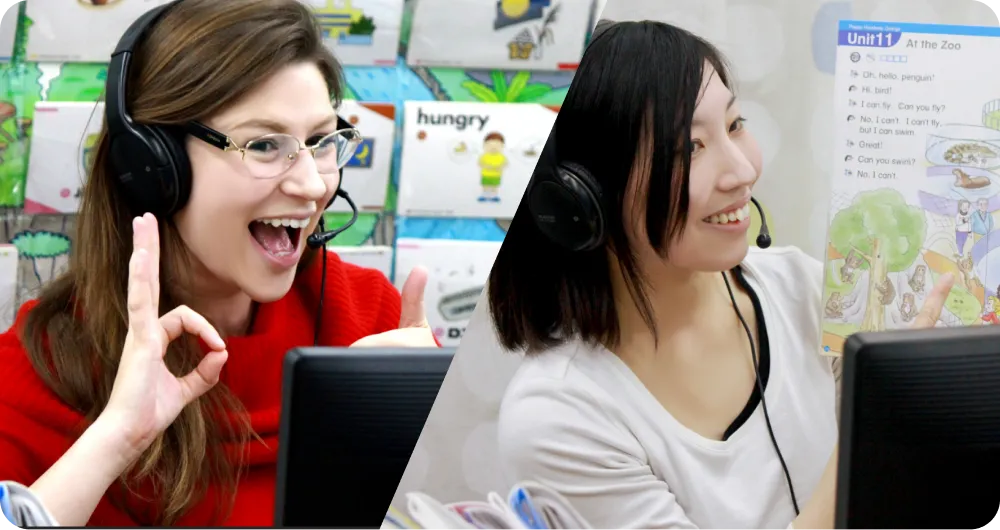 日本人講師と外国人講師がオンラインレッスンで指導している写真