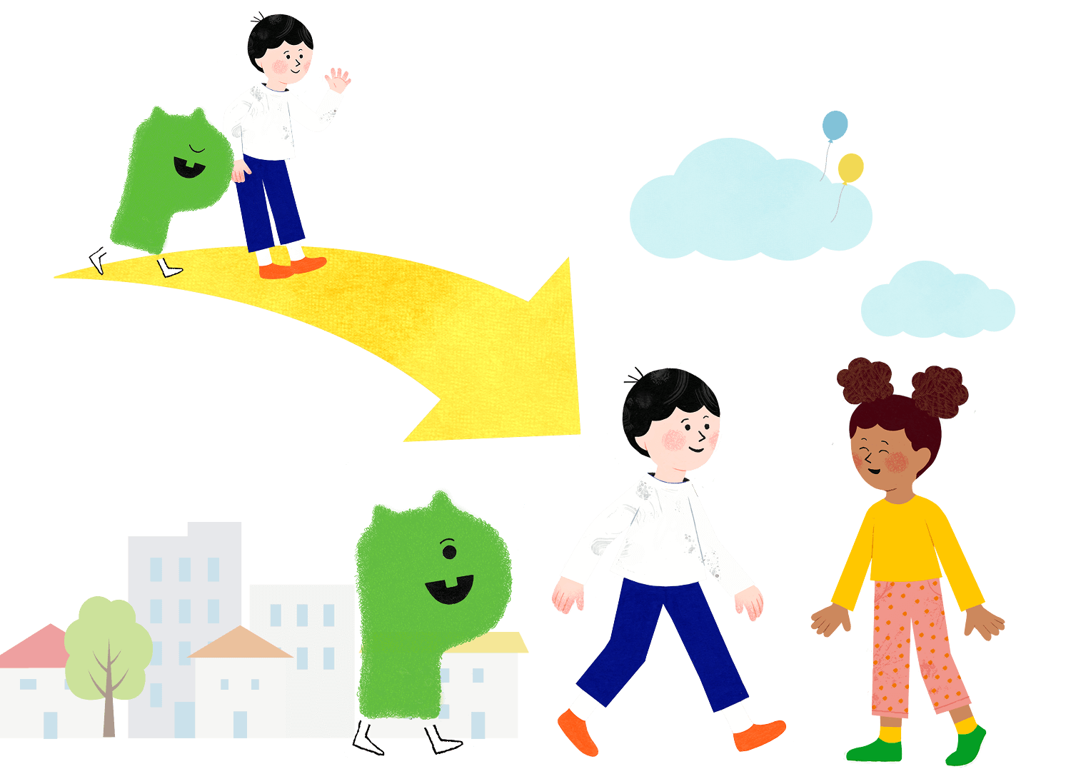 外国人の女の子と交流する男の子のイラスト